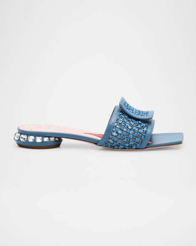 Raffia Crystal Buckle Mule Sandals